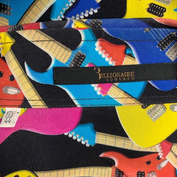 BILLIONAIRE COUTURE Size XL Black Multi Color Guitars Silk Long Sleeve Shirt - Picture 5 of 5